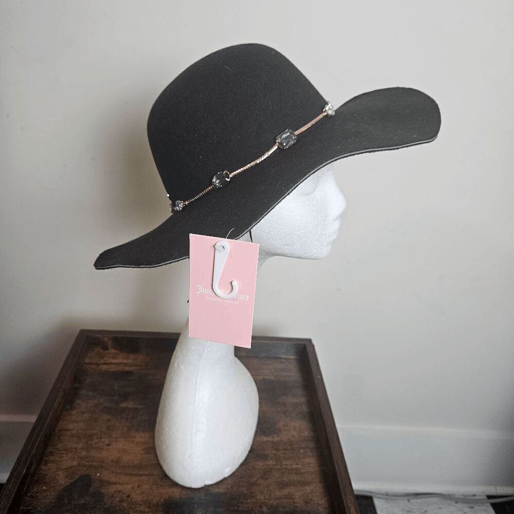 Juicy Couture Wide Brim Floppy Hat Bejeweled with Gold Chains NWT Women's Black
